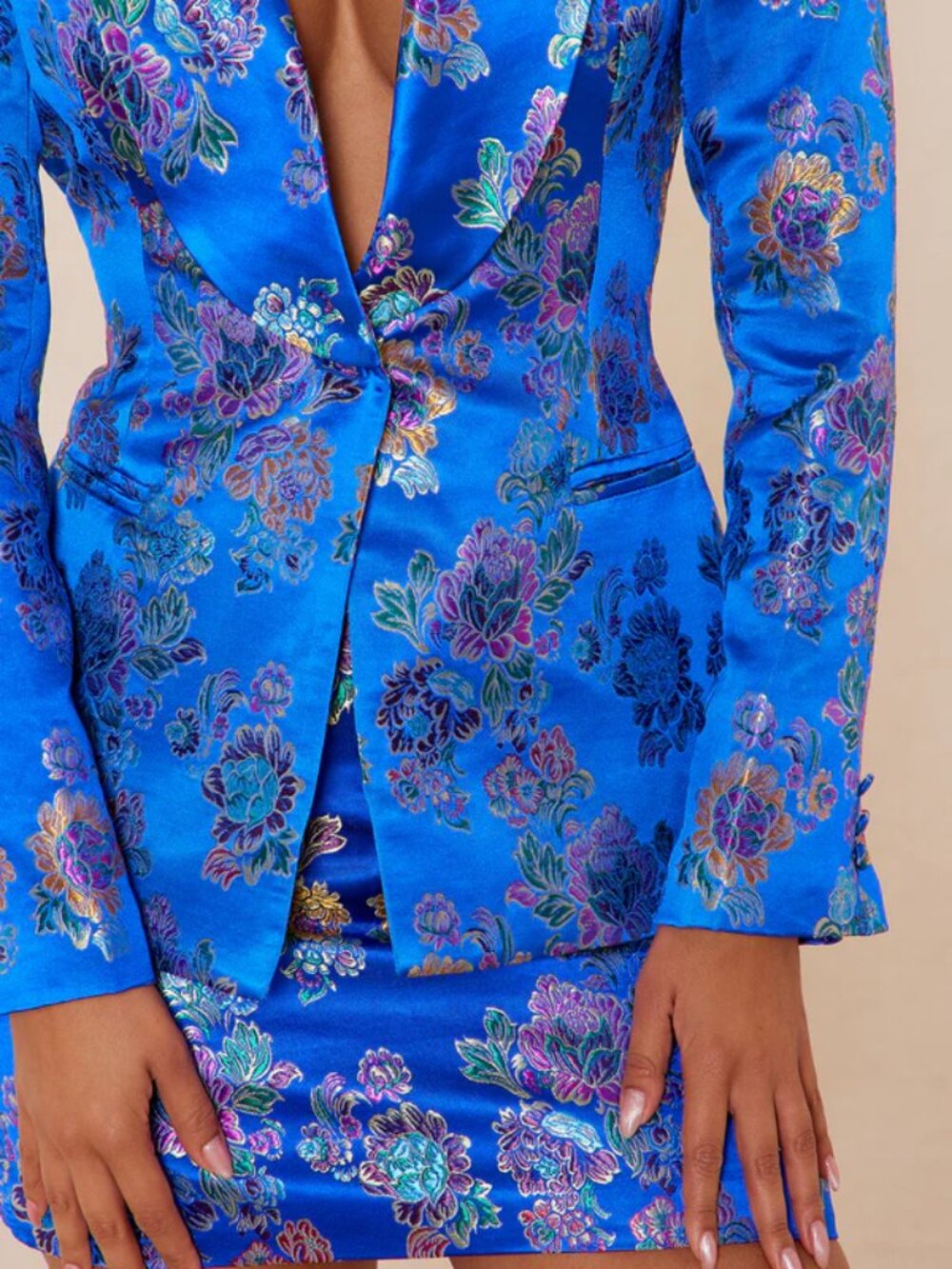 Satin Embroidered Skirt Suit Set - Royal Blue - Picture 3 of 5